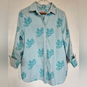 Chico's Women's White Striped Buttons up Shirt with Teal Pattern Top